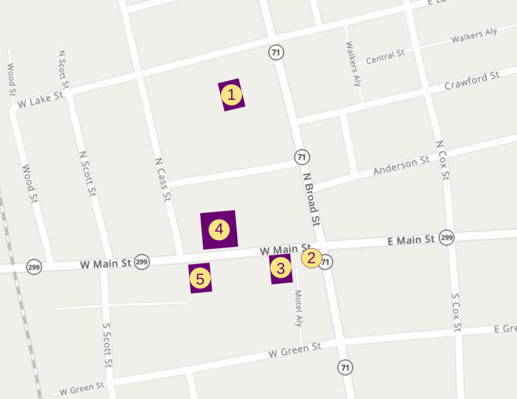 Map of Middletown, DE with numbers noting locations where suffrage meetings took place during the early 20th century.